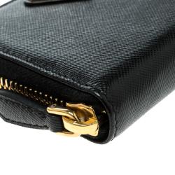 Pre Owned Prada Black Saffiano Leather Zip Around Compact Wallet