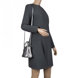 Pre Owned Prada Silver Saffiano Lux Leather Double Zip Tote