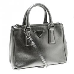 Pre Owned Prada Silver Saffiano Lux Leather Double Zip Tote
