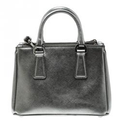 Pre Owned Prada Silver Saffiano Lux Leather Double Zip Tote
