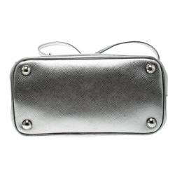 Pre Owned Prada Silver Saffiano Lux Leather Double Zip Tote