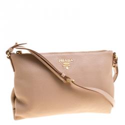 Pre Owned Prada Beige Leather Flat Crossbody Bag