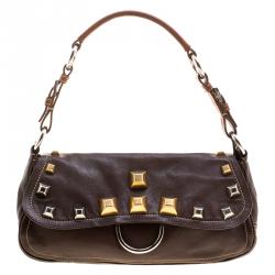 Pre Owned Prada Brown Leather Studded Shoulder Bag