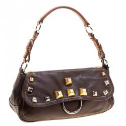 Pre Owned Prada Brown Leather Studded Shoulder Bag