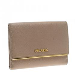 Pre Owned Prada Beige Saffiano Lux Leather Compact Wallet
