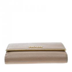 Pre Owned Prada Beige Saffiano Lux Leather Compact Wallet