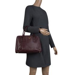 Pre Owned Prada Dark Burgundy Saffiano Lux Leather Small Double Zip Tote
