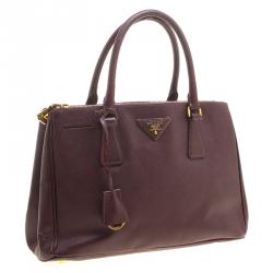Pre Owned Prada Dark Burgundy Saffiano Lux Leather Small Double Zip Tote
