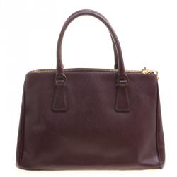 Pre Owned Prada Dark Burgundy Saffiano Lux Leather Small Double Zip Tote