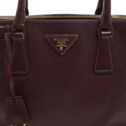 Pre Owned Prada Dark Burgundy Saffiano Lux Leather Small Double Zip Tote