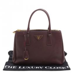 Pre Owned Prada Dark Burgundy Saffiano Lux Leather Small Double Zip Tote