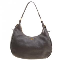 Pre Owned Prada Dark Grey Pebbled Leather Hobo