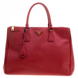 Pre Owned Prada Red Saffiano Lux Leather Large Double Zip Tote