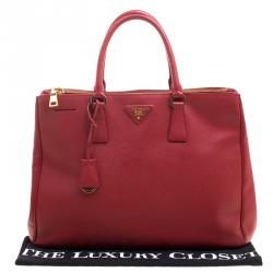Pre Owned Prada Red Saffiano Lux Leather Large Double Zip Tote