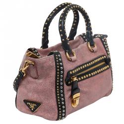 Pre Owned Prada Talco Craquele Leather Studded Bauletto Satchel Bag