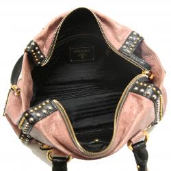 Pre Owned Prada Talco Craquele Leather Studded Bauletto Satchel Bag