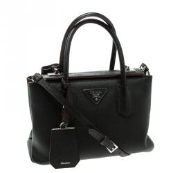 Pre Owned Prada Black Saffiano Cuir Leather Small Twin Tote