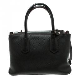 Pre Owned Prada Black Saffiano Cuir Leather Small Twin Tote
