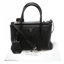 Pre Owned Prada Black Saffiano Cuir Leather Small Twin Tote