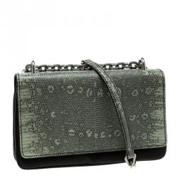 Pre Owned Prada Green Green/Black Nylon and Lizard Shoulder Bag