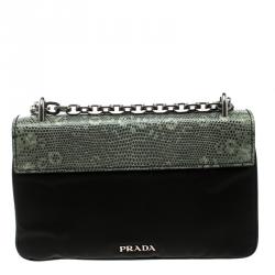 Pre Owned Prada Green Green/Black Nylon and Lizard Shoulder Bag