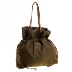 Pre Owned Prada Khaki Nylon Drawstring Tote