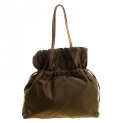 Pre Owned Prada Khaki Nylon Drawstring Tote
