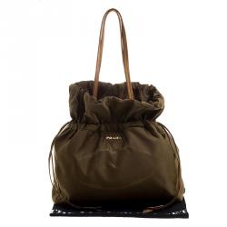 Pre Owned Prada Khaki Nylon Drawstring Tote