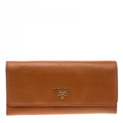Pre Owned Prada Orange Saffiano Lux Leather Continental Wallet