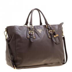 Pre Owned Prada Taupe Soft Leather Top Handle Tote 