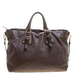 Pre Owned Prada Taupe Soft Leather Top Handle Tote 