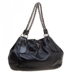 Pre Owned Prada Black Cervo Lux Leather Chain Tote