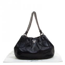 Pre Owned Prada Black Cervo Lux Leather Chain Tote