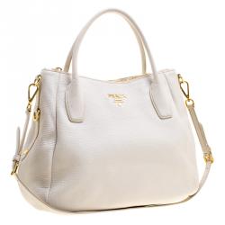 Pre Owned Prada Off White Leather Vitello Daino Sacca 2 Manici Top Handle Shoulder Bag