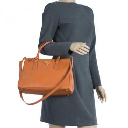 Pre Owned Prada Orange Saffiano Lux Small Double Zip Tote