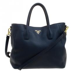 Pre Owned Prada Navy Blue Vitello Daino Leather Shopper Tote