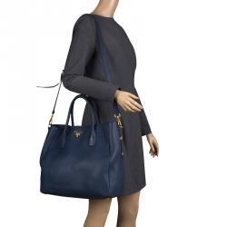 Pre Owned Prada Navy Blue Vitello Daino Leather Shopper Tote