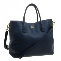 Pre Owned Prada Navy Blue Vitello Daino Leather Shopper Tote