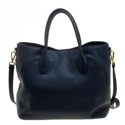 Pre Owned Prada Navy Blue Vitello Daino Leather Shopper Tote