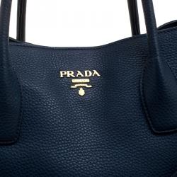 Pre Owned Prada Navy Blue Vitello Daino Leather Shopper Tote