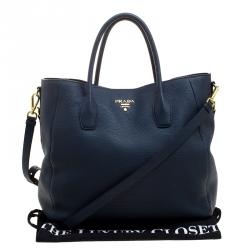 Pre Owned Prada Navy Blue Vitello Daino Leather Shopper Tote