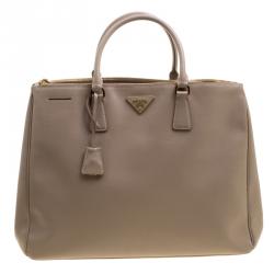 Pre Owned Prada Beige Saffiano Lux Leather Executive Double Zip Tote