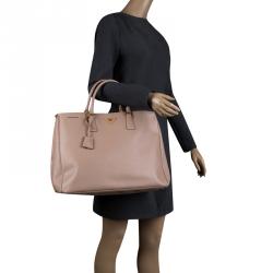 Pre Owned Prada Beige Saffiano Lux Leather Executive Double Zip Tote