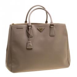 Pre Owned Prada Beige Saffiano Lux Leather Executive Double Zip Tote