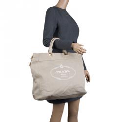 Pre Owned Prada Beige Denim Logo Tote 