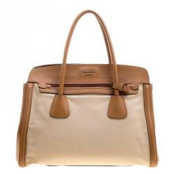 Pre Owned Prada Beige/Caramel Corda Canvas and Saffiano Lux Leather Tote