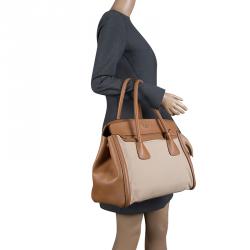 Pre Owned Prada Beige/Caramel Corda Canvas and Saffiano Lux Leather Tote