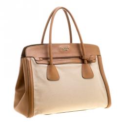 Pre Owned Prada Beige/Caramel Corda Canvas and Saffiano Lux Leather Tote