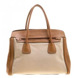Pre Owned Prada Beige/Caramel Corda Canvas and Saffiano Lux Leather Tote