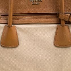Pre Owned Prada Beige/Caramel Corda Canvas and Saffiano Lux Leather Tote